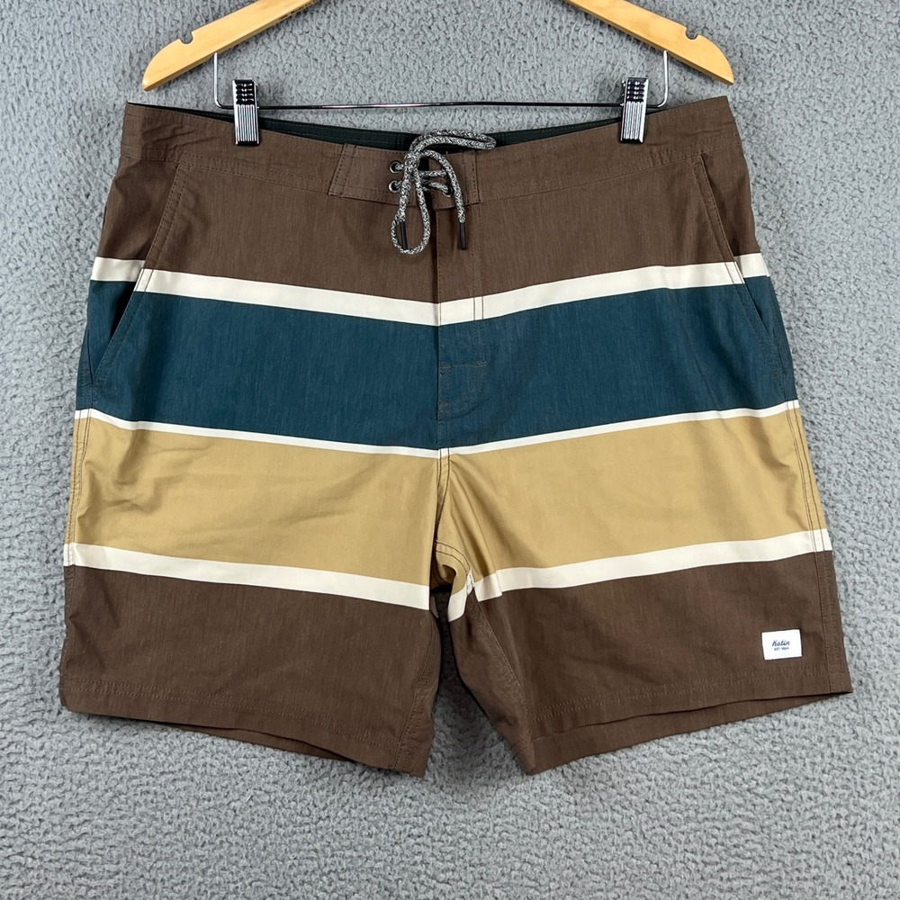 Katin Mens Striped Board Shorts Brown‎ Teal Tan Stretch Swim Trunks Size 36
